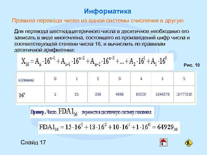 Информатика Правила перевода чисел из одной системы счисления в другую Для перевода шестнадцатеричного числа