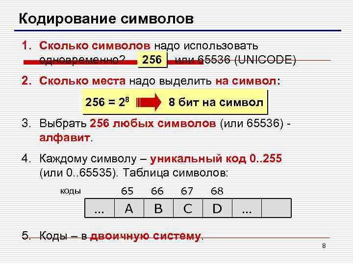 Кодирование символов 1. Сколько символов надо использовать одновременно? 256 или 65536 (UNICODE) 2. Сколько