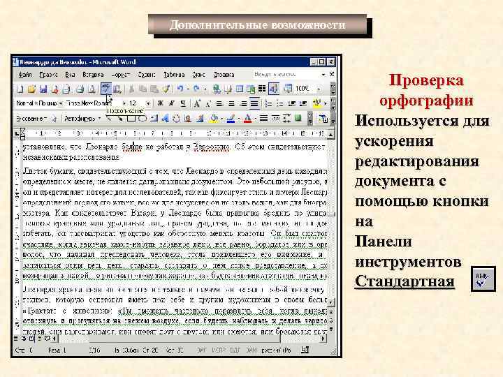 Дополнительные возможности Проверка орфографии Используется для ускорения редактирования документа с помощью кнопки на Панели
