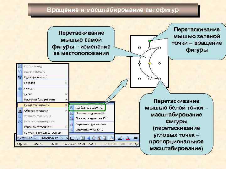 Вращение и масштабирование автофигур Перетаскивание мышью самой фигуры – изменение ее местоположения Перетаскивание мышью