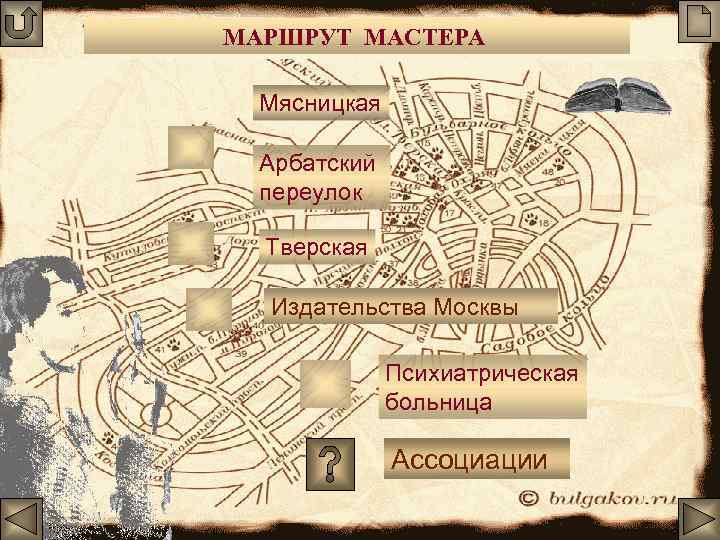 МАРШРУТ МАСТЕРА Мясницкая Арбатский переулок Тверская Издательства Москвы Психиатрическая больница Ассоциации 