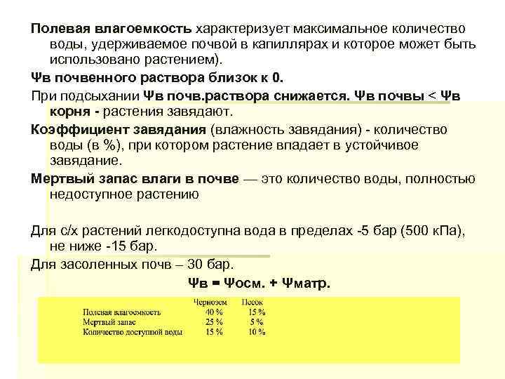 Полевая влагоемкость характеризует максимальное количество воды, удерживаемое почвой в капиллярах и которое может быть
