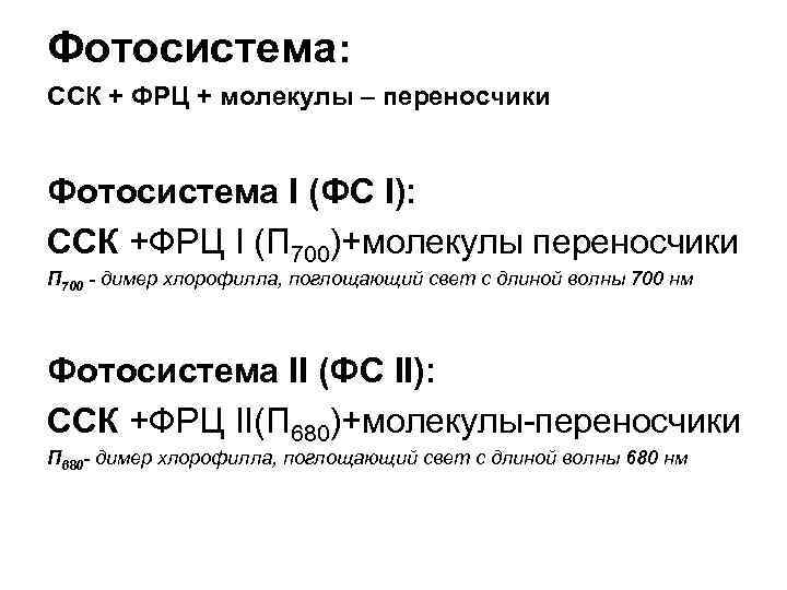 Фотосистема: ССК + ФРЦ + молекулы – переносчики Фотосистема I (ФС I): ССК +ФРЦ