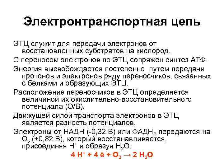Электронтранспортная цепь ЭТЦ служит для передачи электронов от восстановленных субстратов на кислород. С переносом