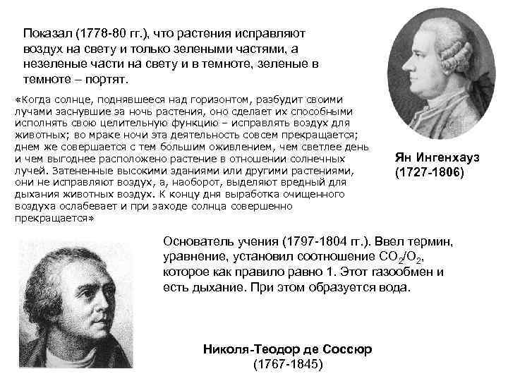 Показал (1778 -80 гг. ), что растения исправляют воздух на свету и только зелеными