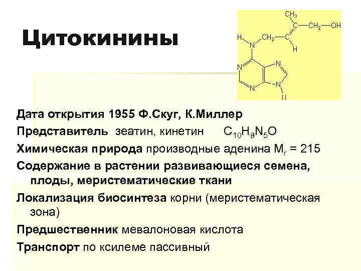 Цитокинины Дата открытия 1955 Ф. Скуг, К. Миллер Представитель зеатин, кинетин C 10 H