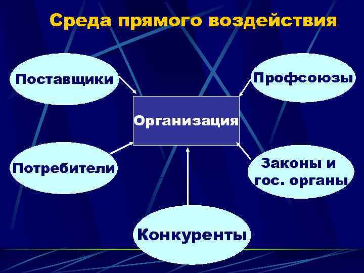 Среда прямого воздействия Профсоюзы Поставщики Организация Законы и гос. органы Потребители Конкуренты 