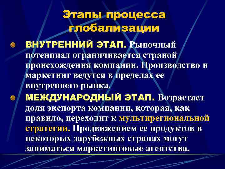 Этапы процесса глобализации ВНУТРЕННИЙ ЭТАП. Рыночный потенциал ограничивается страной происхождения компании. Производство и маркетинг