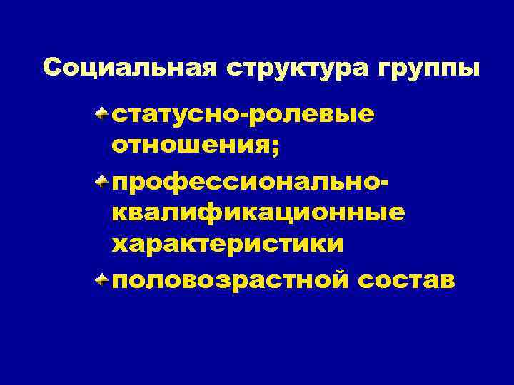 Социальная структура группы статусно-ролевые отношения; профессиональноквалификационные характеристики половозрастной состав 