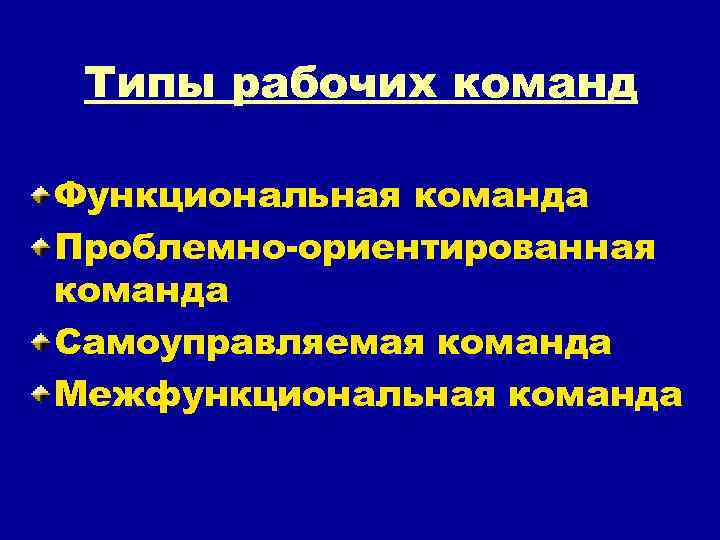 Типы рабочих команд Функциональная команда Проблемно-ориентированная команда Самоуправляемая команда Межфункциональная команда 