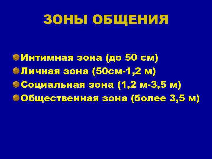 ЗОНЫ ОБЩЕНИЯ Интимная зона (до 50 см) Личная зона (50 см-1, 2 м) Социальная