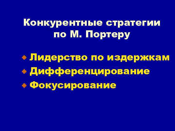Конкурентные стратегии по М. Портеру Лидерство по издержкам Дифференцирование Фокусирование 