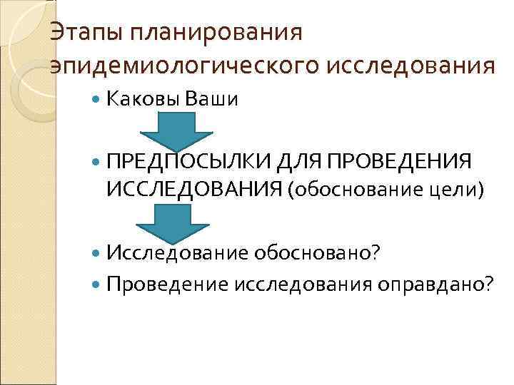 Этапы планирования эпидемиологического исследования Каковы Ваши ПРЕДПОСЫЛКИ ДЛЯ ПРОВЕДЕНИЯ ИССЛЕДОВАНИЯ (обоснование цели) Исследование обосновано?