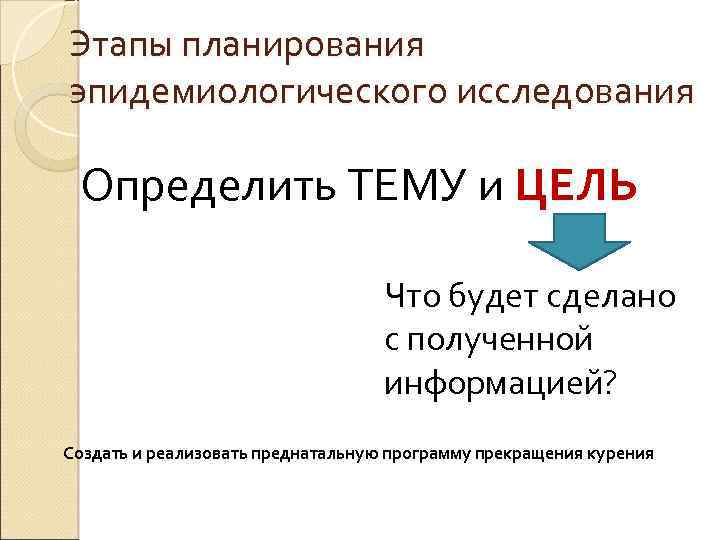 Этапы планирования эпидемиологического исследования Определить ТЕМУ и ЦЕЛЬ Что будет сделано с полученной информацией?