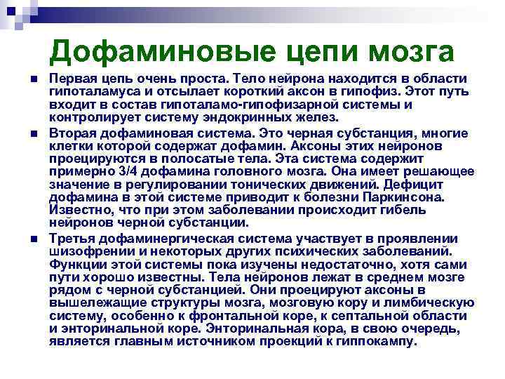 Дофаминовые цепи мозга n n n Первая цепь очень проста. Тело нейрона находится в