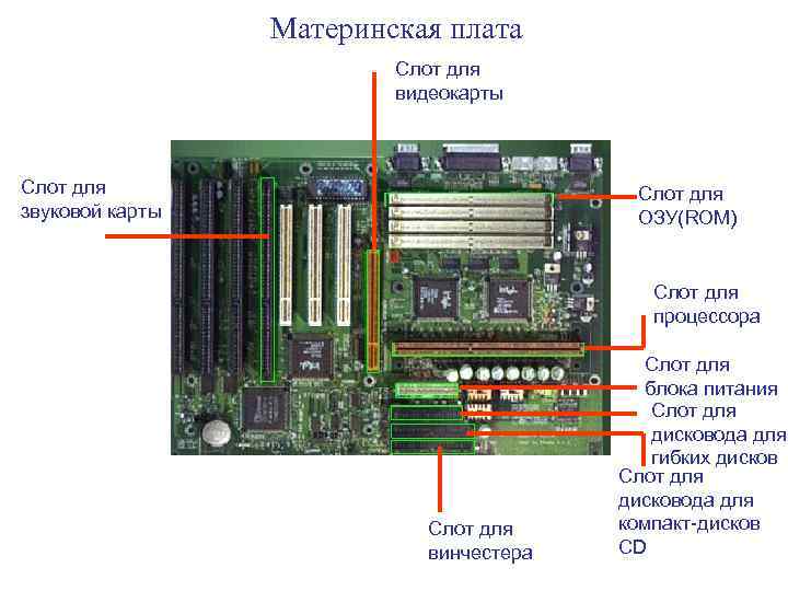 Материнская плата Слот для видеокарты Слот для звуковой карты Слот для ОЗУ(ROM) Слот для