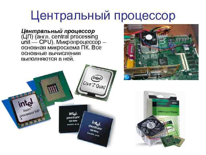 Центральный процессор (ЦП) (англ. central processing unit — CPU). Микропроцессор – основная микросхема ПК.