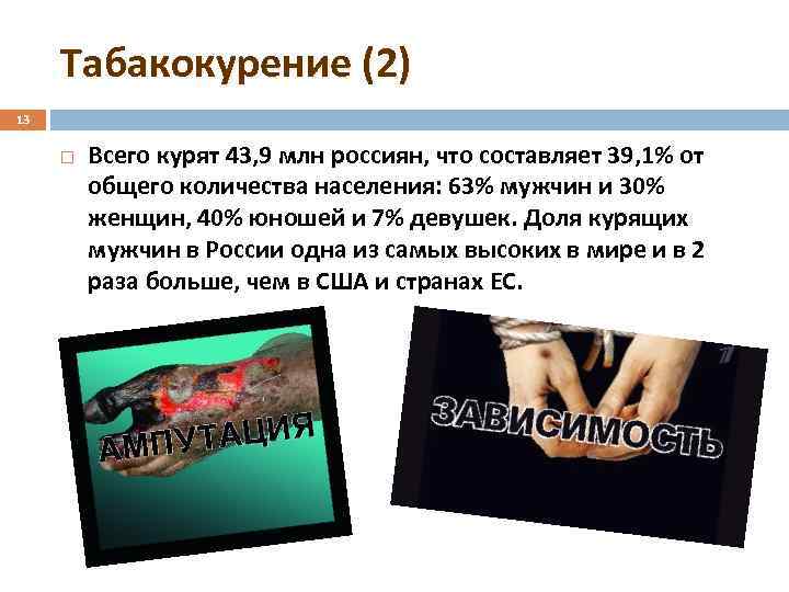 Табакокурение (2) 13 Всего курят 43, 9 млн россиян, что составляет 39, 1% от