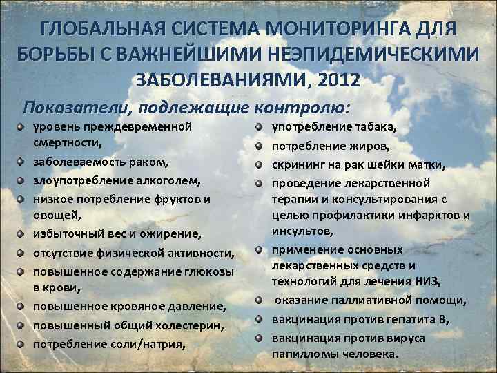 ГЛОБАЛЬНАЯ СИСТЕМА МОНИТОРИНГА ДЛЯ БОРЬБЫ С ВАЖНЕЙШИМИ НЕЭПИДЕМИЧЕСКИМИ ЗАБОЛЕВАНИЯМИ, 2012 Показатели, подлежащие контролю: уровень