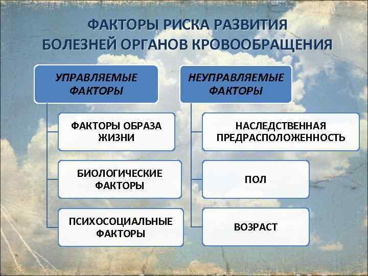 ФАКТОРЫ РИСКА РАЗВИТИЯ БОЛЕЗНЕЙ ОРГАНОВ КРОВООБРАЩЕНИЯ УПРАВЛЯЕМЫЕ ФАКТОРЫ ОБРАЗА ЖИЗНИ НЕУПРАВЛЯЕМЫЕ ФАКТОРЫ НАСЛЕДСТВЕННАЯ ПРЕДРАСПОЛОЖЕННОСТЬ