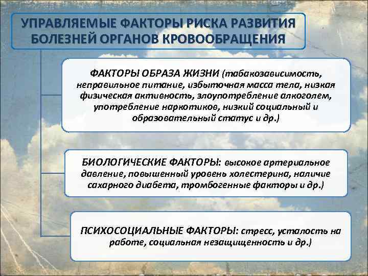 УПРАВЛЯЕМЫЕ ФАКТОРЫ РИСКА РАЗВИТИЯ БОЛЕЗНЕЙ ОРГАНОВ КРОВООБРАЩЕНИЯ ФАКТОРЫ ОБРАЗА ЖИЗНИ (табакозависимость, неправильное питание, избыточная