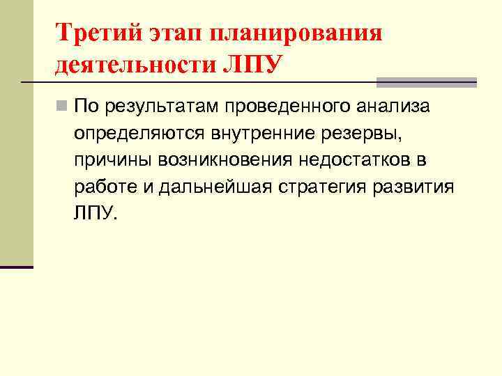 Третий этап планирования деятельности ЛПУ n По результатам проведенного анализа определяются внутренние резервы, причины