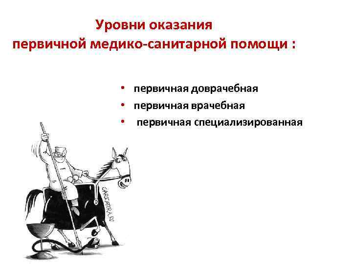 Уровни оказания первичной медико-санитарной помощи : • первичная доврачебная • первичная врачебная • первичная
