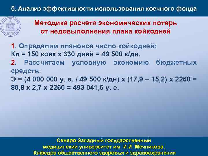5. Анализ эффективности использования коечного фонда Методика расчета экономических потерь от недовыполнения плана койкодней