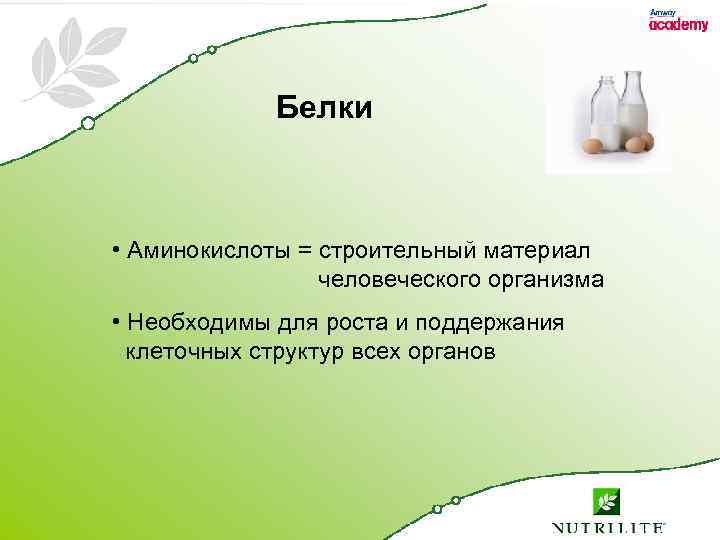Белки • Аминокислоты = строительный материал человеческого организма • Необходимы для роста и поддержания