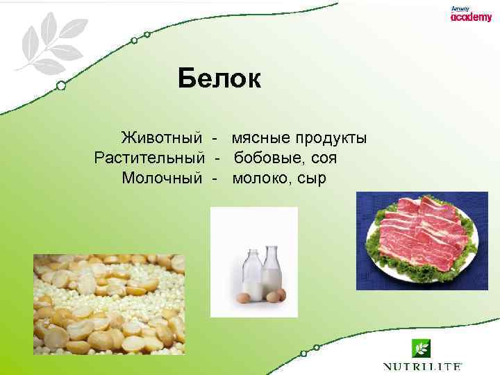 Белок Животный - мясные продукты Растительный - бобовые, соя Молочный - молоко, сыр 