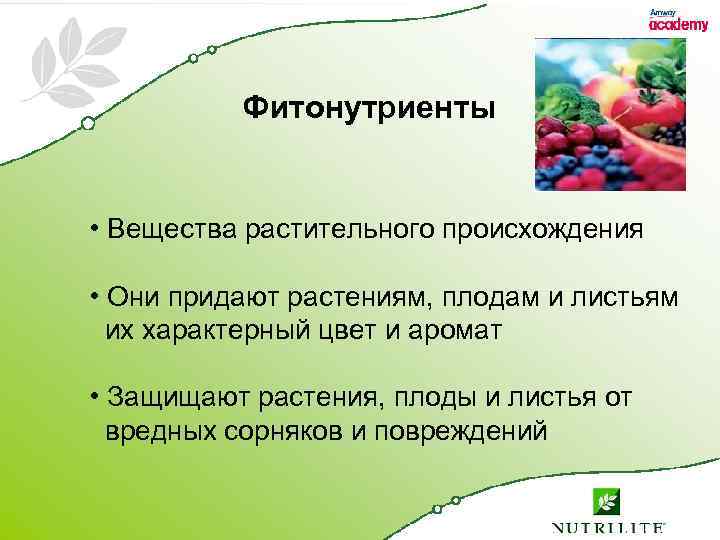 Фитонутриенты • Вещества растительного происхождения • Они придают растениям, плодам и листьям их характерный