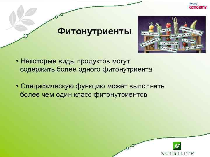 Фитонутриенты • Некоторые виды продуктов могут содержать более одного фитонутриента • Специфическую функцию может
