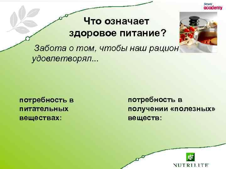 Что означает здоровое питание? Забота о том, чтобы наш рацион удовлетворял. . . потребность