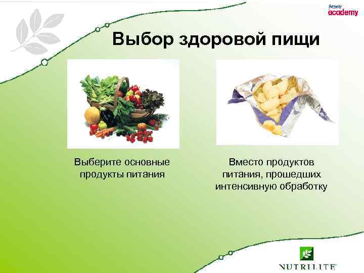 Выбор здоровой пищи Выберите основные продукты питания Вместо продуктов питания, прошедших интенсивную обработку 