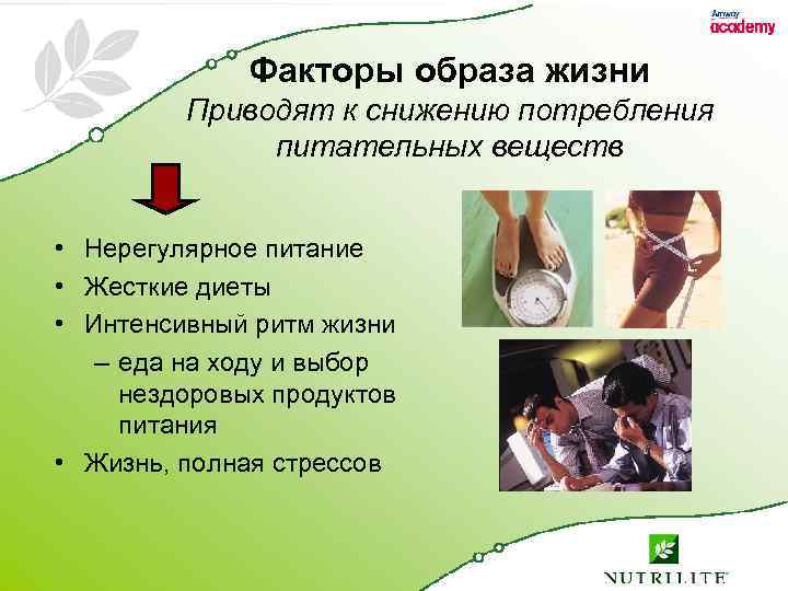 Факторы образа жизни Приводят к снижению потребления питательных веществ • Нерегулярное питание • Жесткие