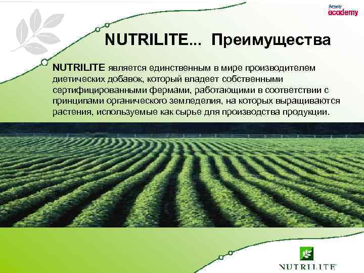 NUTRILITE. . . Преимущества NUTRILITE является единственным в мире производителем диетических добавок, который владеет