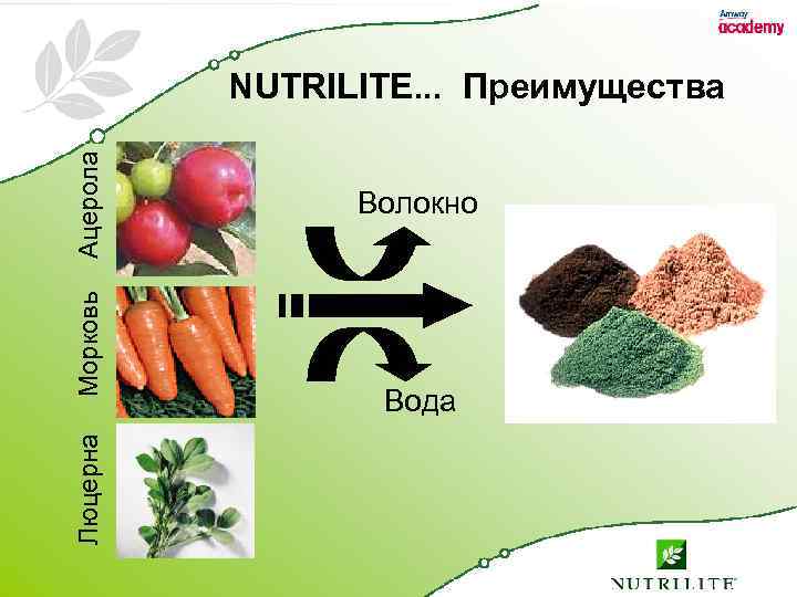  Люцерна Морковь Ацерола NUTRILITE. . . Преимущества Волокно Вода 