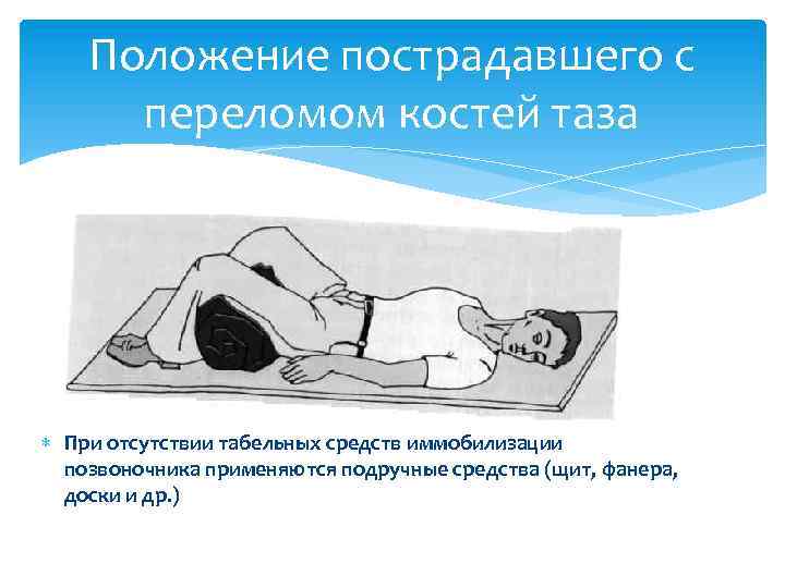 Положение пострадавшего с переломом костей таза При отсутствии табельных средств иммобилизации позвоночника применяются подручные