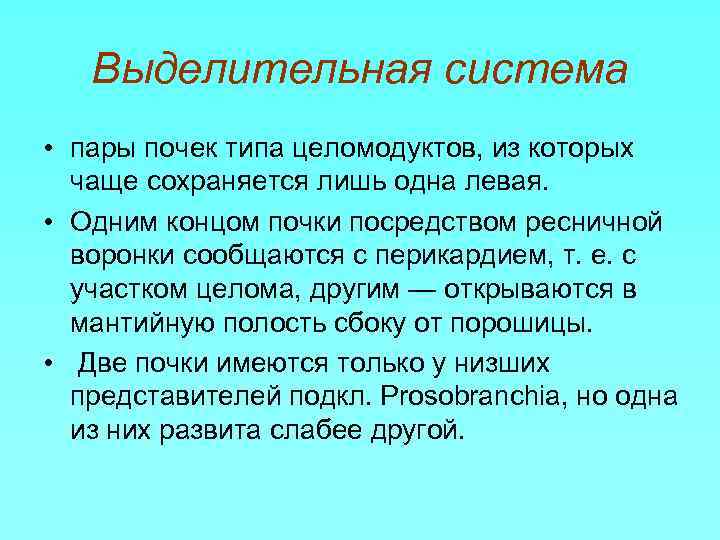 Выделительная система • пары почек типа целомодуктов, из которых чаще сохраняется лишь одна левая.