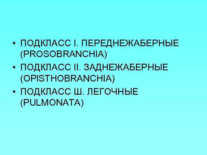  • ПОДКЛАСС I. ПЕРЕДНЕЖАБЕРНЫЕ (PROSOBRANCHIA) • ПОДКЛАСС II. ЗАДНЕЖАБЕРНЫЕ (OPl. STHOBRANCHIA) • ПОДКЛАСС