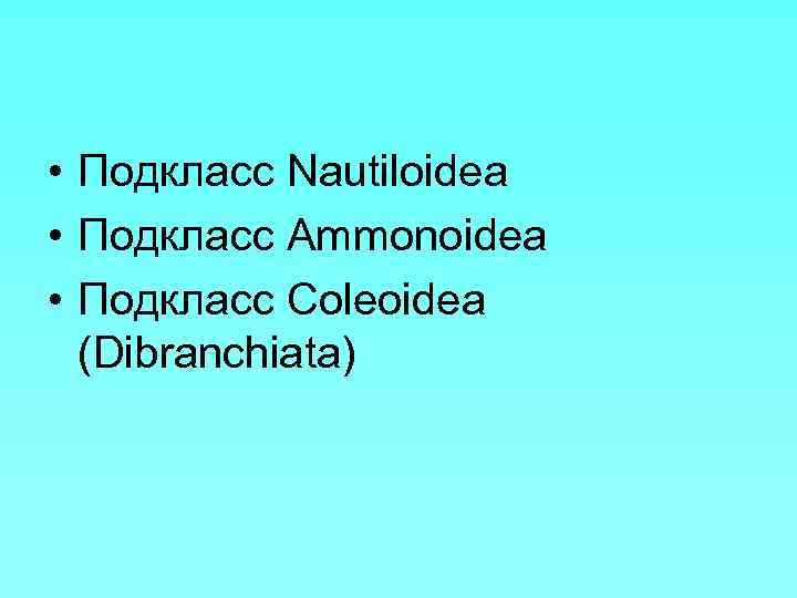  • Подкласс Nautiloidea • Подкласс Ammonoidea • Подкласс Coleoidea (Dibranchiata) 