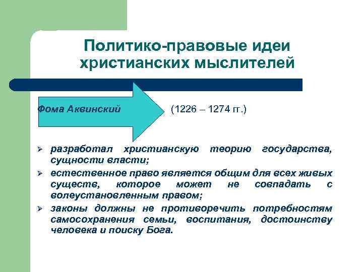 Политико-правовые идеи христианских мыслителей Фома Аквинский Ø Ø Ø (1226 – 1274 гг. )
