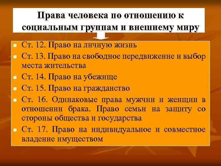 Права человека по отношению к социальным группам и внешнему миру n n n Ст.