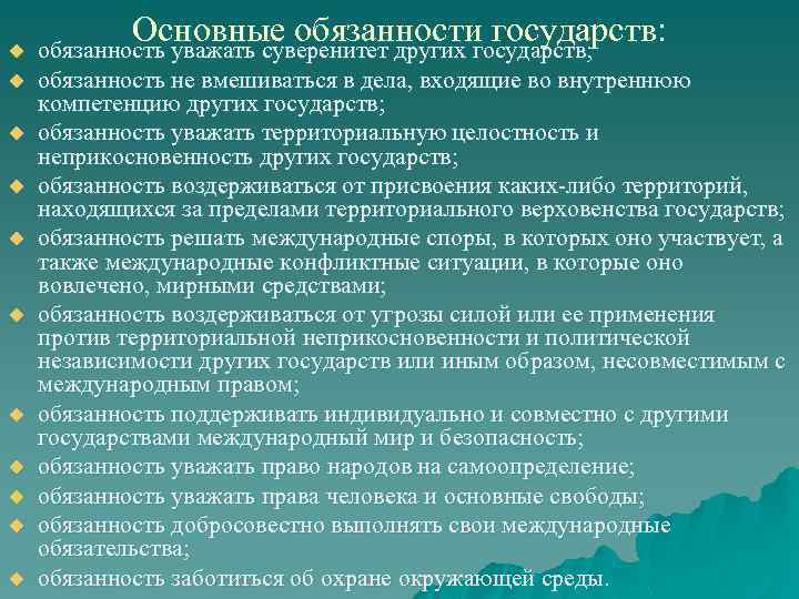 u u u Основные обязанности государств: обязанность уважать суверенитет других государств; обязанность не вмешиваться