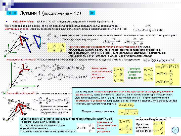 Лекция 1 (продолжение – 1. 3) Ускорение точки – величина, характеризующая быстроту изменения скорости