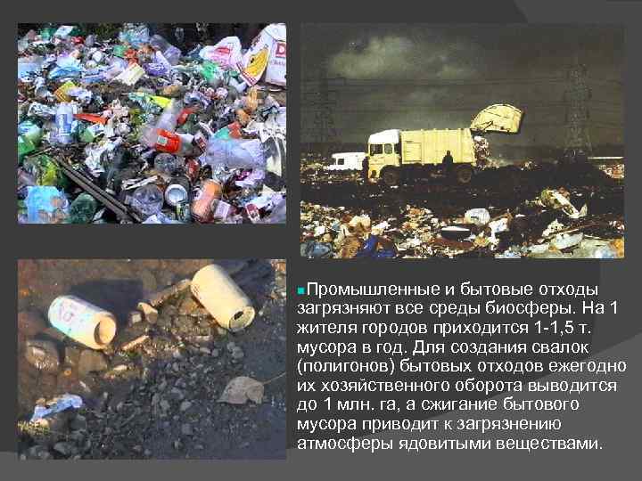 Промышленные и бытовые отходы загрязняют все среды биосферы. На 1 жителя городов приходится 1