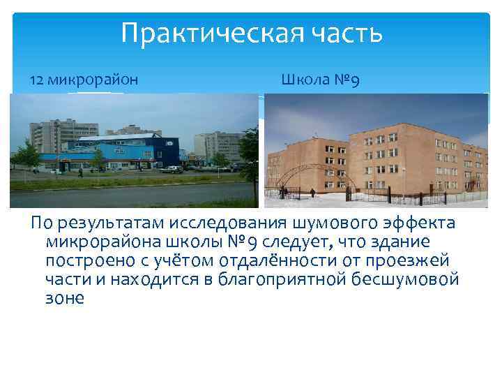 Практическая часть 12 микрорайон Школа № 9 По результатам исследования шумового эффекта микрорайона школы