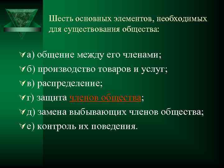Шесть основных элементов, необходимых для существования общества: Ú а) общение между его членами; Ú