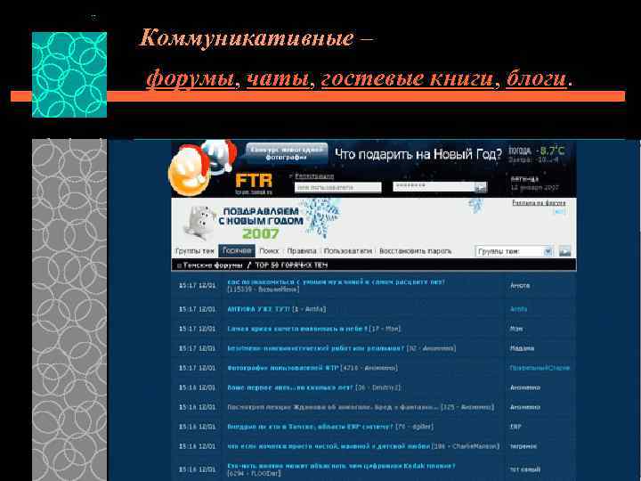 Коммуникативные – форумы, чаты, гостевые книги, блоги. 