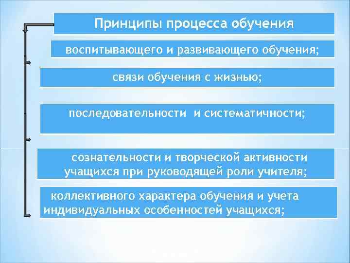 Принципы процесса обучения воспитывающего и развивающего обучения; связи обучения с жизнью; последовательности и систематичности;